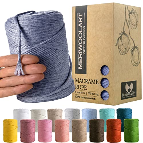 MeriWoolArt® Premium Makramee Garn Blau - Makramee Baumwollgarn 3mm x 200m - Super weiches Garn, einfach gedrehte Makramee Schnur - 100% Baumwolle für DIY Boho Deko Handwerk von MERIWOOLART