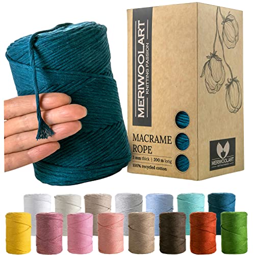 MeriWoolArt® Premium Makramee Garn Blau - Makramee Baumwollgarn 3mm x 200m - Super weiches Garn, einfach gedrehte Makramee Schnur - 100% Baumwolle für DIY Boho Deko Handwerk von MERIWOOLART