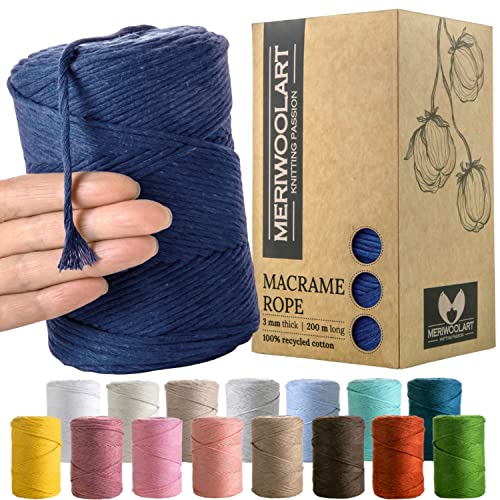 MeriWoolArt® Premium Makramee Garn Blau - Makramee Baumwollgarn 3mm x 200m - Super weiches Garn, einfach gedrehte Makramee Schnur - Öko-Tex 100% recyceltes Baumwolle für DIY Boho Deko Handwerk von MERIWOOLART