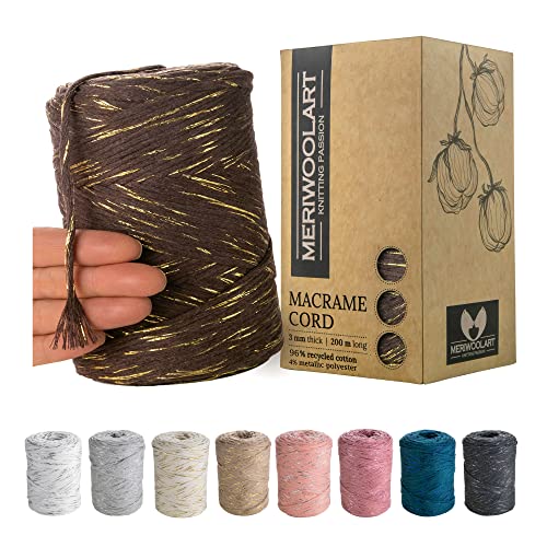 MeriWoolArt® Premium Makramee Garn Braun - Makramee Baumwollgarn 3mm x 200m - Super weiches Garn, einfach gedrehte Makramee Schnur - Öko-Tex 96% recyceltes Baumwolle für DIY Boho Deko Handwerk von MERIWOOLART