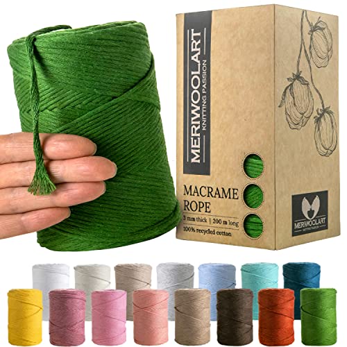 MeriWoolArt® Premium Makramee Garn Grün - Makramee Baumwollgarn 3mm x 200m - Super weiches Garn, einfach gedrehte Makramee Schnur - 100% Baumwolle für DIY Boho Deko Handwerk von MERIWOOLART