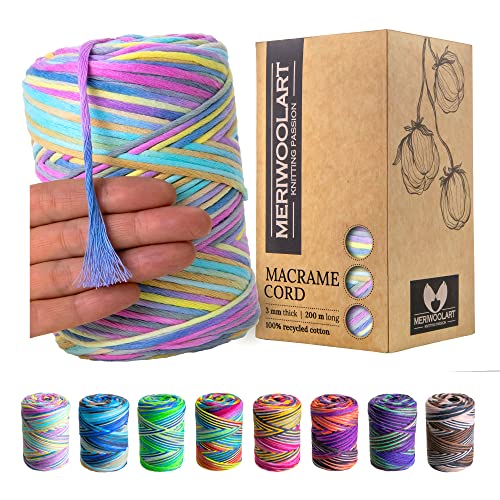MeriWoolArt® Premium Makramee Garn - Makramee Baumwollgarn 3mm x 200m - Super weiches Garn, einfach gedrehte Makramee Schnur - Öko-Tex 100% recyceltes Baumwolle für DIY Boho Deko Handwerk von MERIWOOLART
