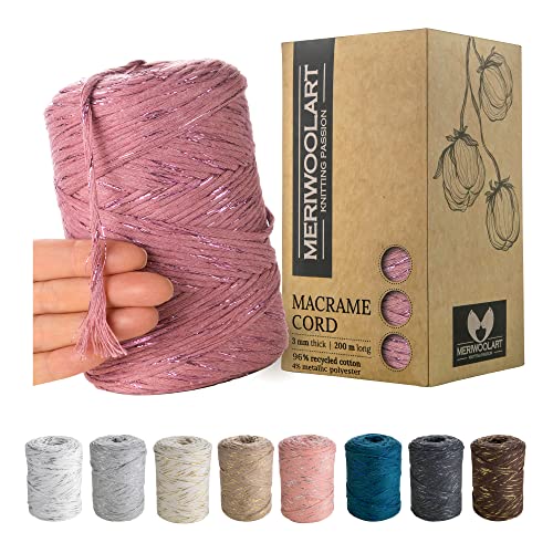 MeriWoolArt® Premium Makramee Garn Pflaume - Makramee Baumwollgarn 3mm x 200m - Super weiches Garn, einfach gedrehte Makramee Schnur - Öko-Tex 96% recyceltes Baumwolle für DIY Boho Deko Handwerk von MERIWOOLART