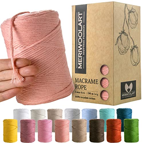 MeriWoolArt® Premium Makramee Garn Rosa - Makramee Baumwollgarn 3mm x 200m - Super weiches Garn, einfach gedrehte Makramee Schnur - 100% Baumwolle für DIY Boho Deko Handwerk von MERIWOOLART