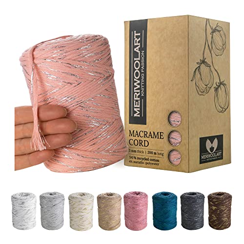 MeriWoolArt® Premium Makramee Garn Rosa - Makramee Baumwollgarn 3mm x 200m - Super weiches Garn, einfach gedrehte Makramee Schnur - Öko-Tex 96% recyceltes Baumwolle für DIY Boho Deko Handwerk von MERIWOOLART