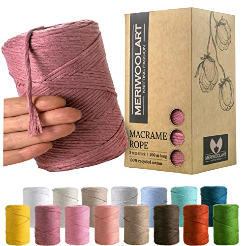 MeriWoolArt® Premium Makramee Garn Violett - Makramee Baumwollgarn 3mm x 200m - Super weiches Garn, einfach gedrehte Makramee Schnur - Öko-Tex 100% recyceltes Baumwolle für DIY Boho Deko Handwerk von MERIWOOLART