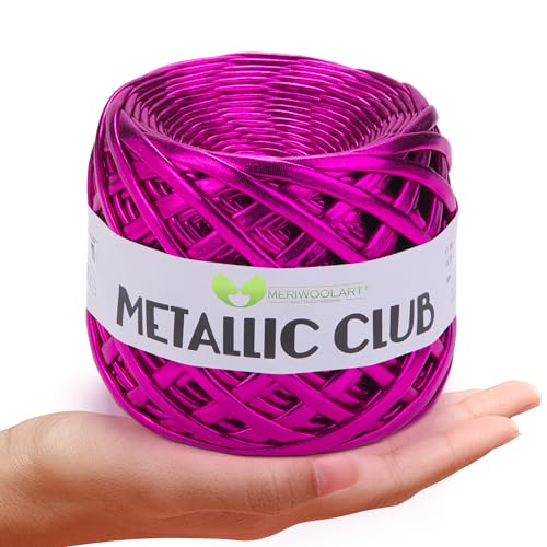 MeriWoolArt® Premium Metallic T-Shirt Garn, 100% Qualitäts-Polyester, Leder-Look Garn zum Stricken, 6-8 mm x 55 m Textilgarn für Taschengarn, Geldbörsengarn, Glänzendes Garn, Accessoires-Garn von MERIWOOLART