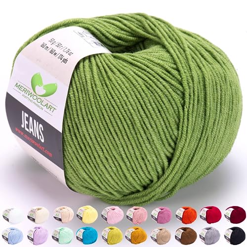 MeriWoolArt® Salbei Grün Baumwollgarn zum Stricken und Häkeln, Textilgarn, Stoffgarn, Baby Wollgarn für Handarbeiten, Babykleidung, Amigurumi, Babydecke, Pullover, Mützen und Accessoires von MERIWOOLART