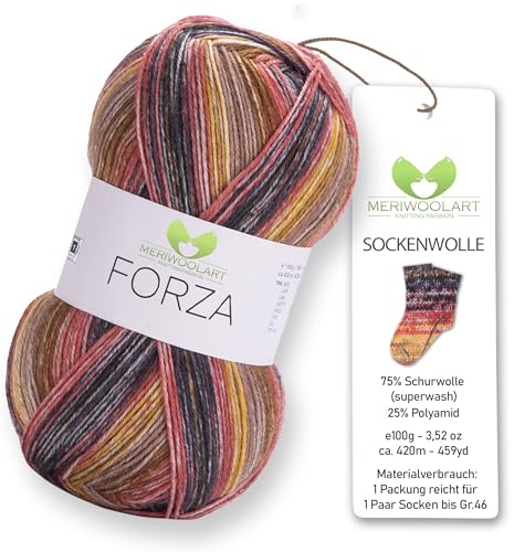 MeriWoolArt® Sockenwolle 4-fädig – 100g Merino Wolle Garn zum Stricken & Häkeln, 75% Schurwolle (superwash), 25% Polyamid, 420m – Ideal für Socken für Herren und Damen, Pullover & Cardigans 2611 von MERIWOOLART