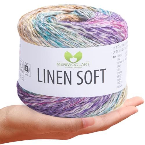 MeriWoolArt® Linen Soft Garn – Premium Naturgarn zum Stricken & Häkeln, 100g Leinengarn Baumwolle Viskose Mischung, atmungsaktiv, weich & umweltfreundlich, ideal für Kleidung, Tücher, DIY 7401 von MERIWOOLART