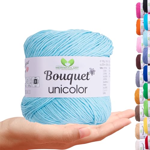 MeriWoolArt Bouquet Baumwollgarn Babyblau – 100% Baumwolle – Häkelgarn & Strickgarn – 100g, 200m – Ideal für Tücher, Babydecken, Amigurumi, Sommerkleidung & Wohnaccessoires von MERIWOOLART