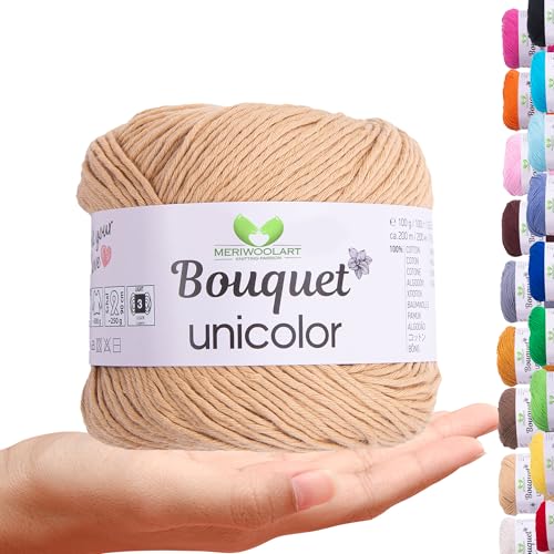 MeriWoolArt Bouquet Baumwollgarn Camel – 100% Baumwolle – Häkelgarn & Strickgarn – 100g, 200m – Ideal für Tücher, Babydecken, Amigurumi, Sommerkleidung & Wohnaccessoires von MERIWOOLART