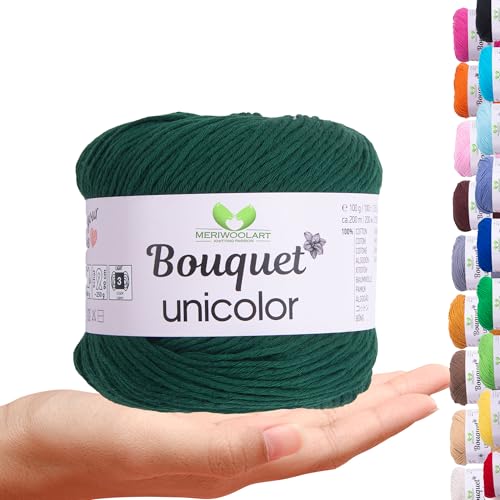 MeriWoolArt Bouquet Baumwollgarn Dunkelgrün – 100% Baumwolle – Häkelgarn & Strickgarn – 100g, 200m – Ideal für Tücher, Babydecken, Amigurumi, Sommerkleidung & Wohnaccessoires von MERIWOOLART