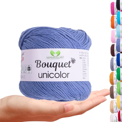 MeriWoolArt Bouquet Baumwollgarn Jeansblau – 100% Baumwolle – Häkelgarn & Strickgarn – 100g, 200m – Ideal für Tücher, Babydecken, Amigurumi, Sommerkleidung & Wohnaccessoires von MERIWOOLART