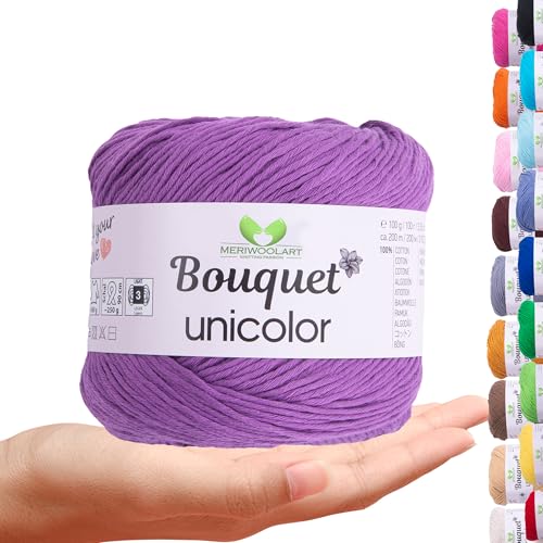 MeriWoolArt Bouquet Baumwollgarn Lila – 100% Baumwolle – Häkelgarn & Strickgarn – 100g, 200m – Ideal für Tücher, Babydecken, Amigurumi, Sommerkleidung & Wohnaccessoires von MERIWOOLART