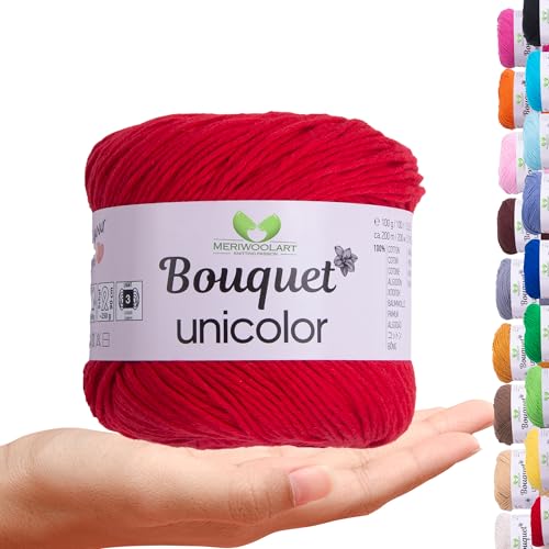 MeriWoolArt Bouquet Baumwollgarn Rot – 100% Baumwolle – Häkelgarn & Strickgarn – 100g, 200m – Ideal für Tücher, Babydecken, Amigurumi, Sommerkleidung & Wohnaccessoires von MERIWOOLART
