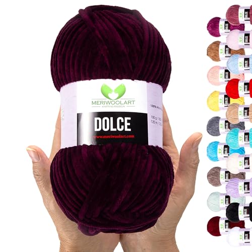 MeriWoolArt Chenille Garn zum Stricken und Häkeln Bordeaux - 100 g und 120 m Samt-Wolle - 100% Flauschige Polyester Strickgarn für Amigurumi Kissen Decken weiche Kleidung Geschenke von MERIWOOLART