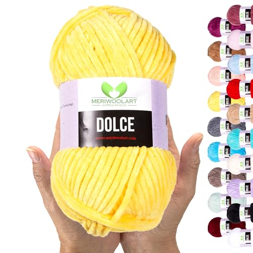 MeriWoolArt Chenille Garn zum Stricken und Häkeln Gelb - 100 g und 120 m Samt-Wolle - 100% Flauschige Polyester Strickgarn für Amigurumi Kissen Decken weiche Kleidung Geschenke MeriWoolArt Chenille Garn zum Stricken und Häkeln Gelb - 100 g und 120 m Samt-Wolle - 100% Flauschige Polyester Strickgarn für Amigurumi Kissen Decken weiche Kleidung Geschenke von MERIWOOLART