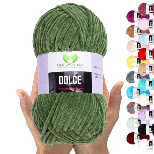 MeriWoolArt Chenille Garn zum Stricken und Häkeln Salbei Grün - 100 g und 120 m Samt-Wolle - 100% Flauschige Polyester Strickgarn für Amigurumi Kissen Decken weiche Kleidung Geschenke von MERIWOOLART