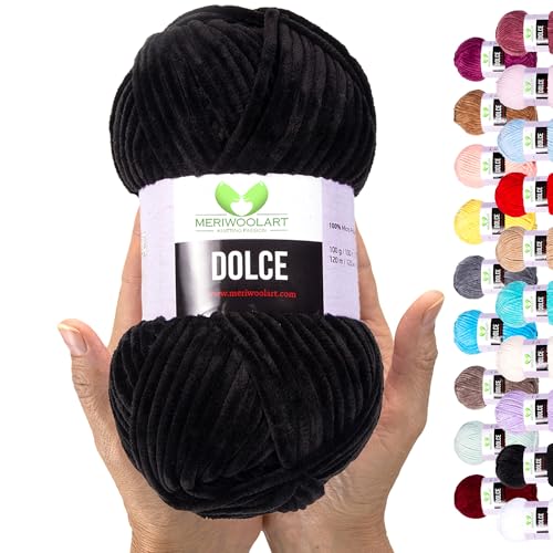 MeriWoolArt Chenille Garn zum Stricken und Häkeln Schwarz - 100 g und 120 m Samt-Wolle - 100% Flauschige Polyester Strickgarn für Amigurumi Kissen Decken weiche Kleidung Geschenke MeriWoolArt Chenille Garn zum Stricken und Häkeln Schwarz - 100 g und 120 m Samt-Wolle - 100% Flauschige Polyester Strickgarn für Amigurumi Kissen Decken weiche Kleidung Geschenke von MERIWOOLART