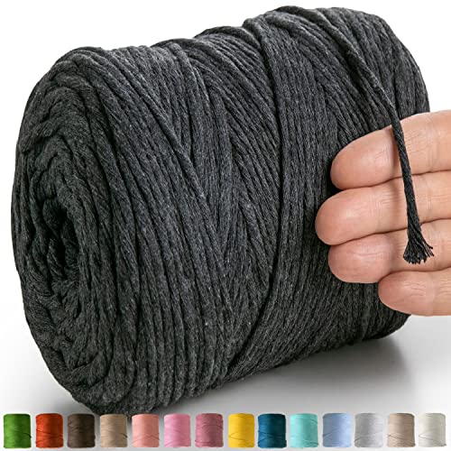 MeriWoolArt® Makramee Garn Grau - Makramee Garn 4mm farbig 225m - Super weiches Baumwollgarn, einfach gedrehte Makramee Schnur für Makramee Wandbehang, Blumenampel, Vorhang und Mehr DIY Deco von MERIWOOLART