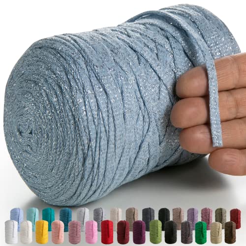 MeriWoolArt® Makramee Textilgarn zum Häkeln und Stricken - DIY glitzern flache T-Shirt Band Garn Dicke 10 mm, 125 m - Recyceltes Baumwollgarn mit Lurex, Viscose (Lurex Babyblau) von MERIWOOLART