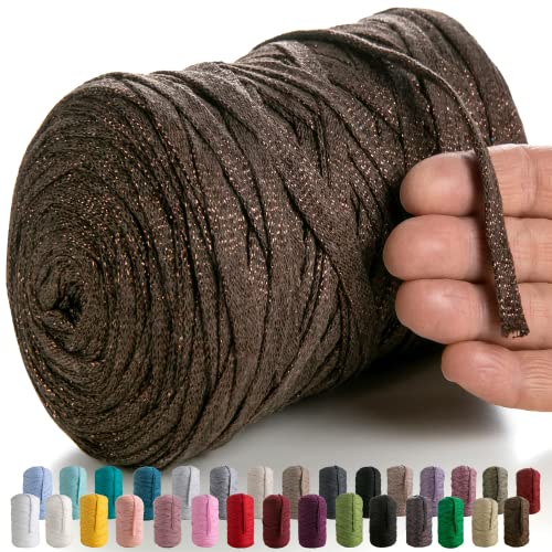 MeriWoolArt® Makramee Textilgarn zum Häkeln und Stricken - DIY glitzern flache T-Shirt Band Garn Dicke 10 mm, 125 m - Recyceltes Baumwollgarn mit Lurex, Viscose (Lurex Braun) von MERIWOOLART