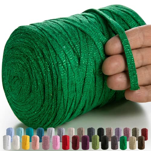 MeriWoolArt® Makramee Textilgarn zum Häkeln und Stricken - DIY glitzern flache T-Shirt Band Garn Dicke 10 mm, 125 m - Recyceltes Baumwollgarn mit Lurex, Viscose (Lurex Grün) von MERIWOOLART