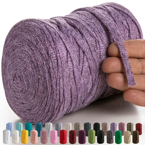 MeriWoolArt® Makramee Textilgarn zum Häkeln und Stricken - DIY glitzern flache T-Shirt Band Garn Dicke 10 mm, 125 m - Recyceltes Baumwollgarn mit Lurex, Viscose (Lurex Lavender) von MERIWOOLART