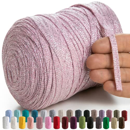 MeriWoolArt® Makramee Textilgarn zum Häkeln und Stricken - DIY glitzern flache T-Shirt Band Garn Dicke 10 mm, 125 m - Recyceltes Baumwollgarn mit Lurex, Viscose (Lurex Rosa) von MERIWOOLART