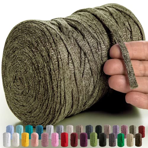 MeriWoolArt® Makramee Textilgarn zum Häkeln und Stricken - DIY glitzern flache T-Shirt Band Garn Dicke 10 mm, 125 m - Recyceltes Baumwollgarn mit Lurex, Viscose (Lurex Salbei) von MERIWOOLART