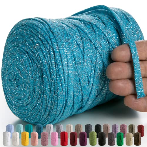 MeriWoolArt® Makramee Textilgarn zum Häkeln und Stricken - DIY glitzern flache T-Shirt Band Garn Dicke 10 mm, 125 m - Recyceltes Baumwollgarn mit Lurex, Viscose (Lurex Türkis) von MERIWOOLART