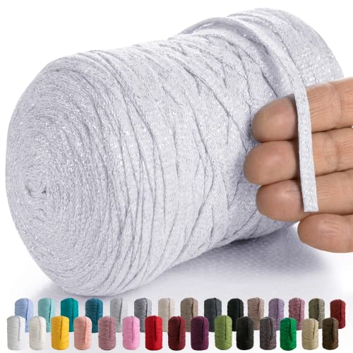 MeriWoolArt® Makramee Textilgarn zum Häkeln und Stricken - DIY glitzern flache T-Shirt Band Garn Dicke 10 mm, 125 m - Recyceltes Baumwollgarn mit Lurex, Viscose (Lurex Weiß) von MERIWOOLART