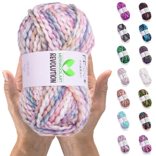 MeriWoolArt Merino Wolle zum Stricken – 75 m Mehrfarbige Dicke Weiche Merinowolle zum Stricken für Pullover Jacken – XXL Handstrickwolle – Voluminöse DIY Wolle für Schals Decken Tücher Geschenke von MERIWOOLART