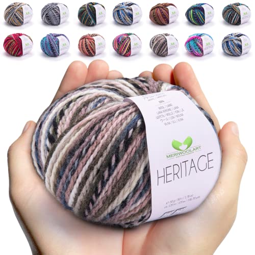 MeriWoolArt Merino Wolle zum Stricken und Häkeln – 125 m Mehrfarbige Dicke Weiche Merinowolle garn für Pullover Jacken – DIY Acryl Strickgarn für Schals, Halstücher, Socken und Wintergeschenke von MERIWOOLART