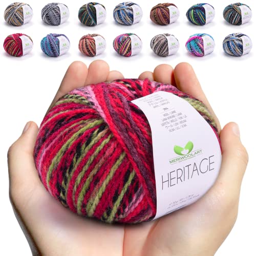 MeriWoolArt Merino Wolle zum Stricken und Häkeln – 125 m Mehrfarbige Dicke Weiche Merinowolle garn für Pullover Jacken – DIY Acryl Strickgarn für Schals, Halstücher, Socken und Wintergeschenke von MERIWOOLART