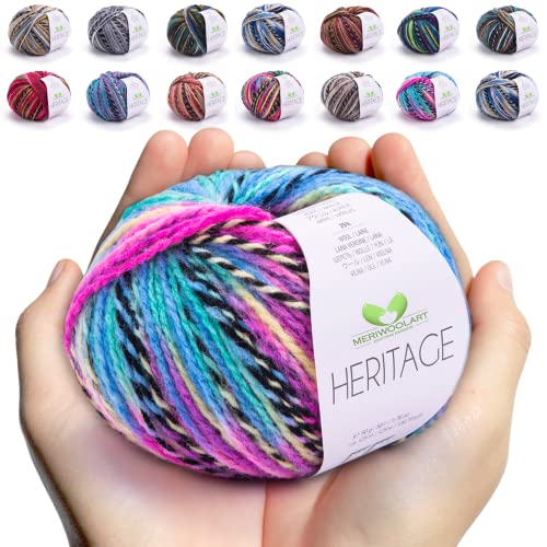 MeriWoolArt Merino Wolle zum Stricken und Häkeln – 125 m Mehrfarbige Dicke Weiche Merinowolle garn für Pullover Jacken – DIY Acryl Strickgarn für Schals, Halstücher, Socken und Wintergeschenke von MERIWOOLART