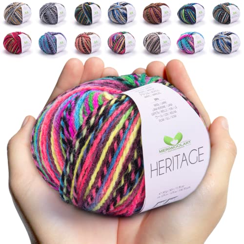 MeriWoolArt Merino Wolle zum Stricken und Häkeln – 125 m Mehrfarbige Dicke Weiche Merinowolle garn für Pullover Jacken – DIY Acryl Strickgarn für Schals, Halstücher, Socken und Wintergeschenke von MERIWOOLART