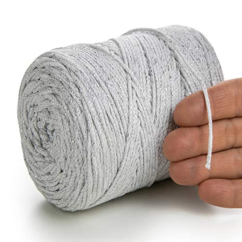 MeriWoolArt® Metallische Makramee Garn 2mm x 225m Farbig für Schnur Schmuckherstellung, Makramee Accessoires Schmuck - Boho Makramee Seil Garn - Glanz Lurex Recyceltes Baumwollgarn (Lurex Asche) von MERIWOOLART