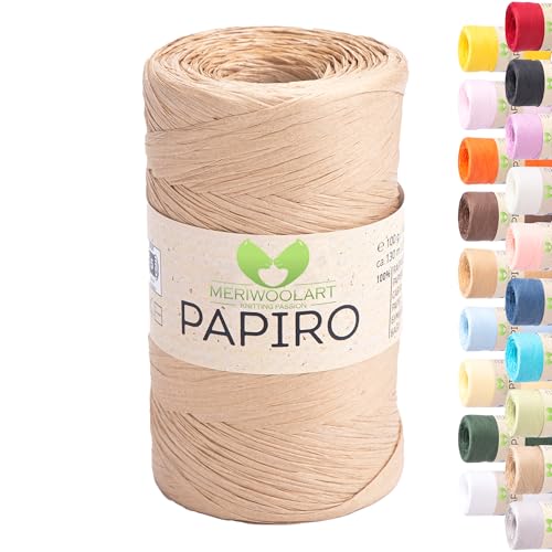 Raffia Garn für Häkeln & Stricken – MeriWoolArt Papiro Papiergarn, 100g Knäuel (130m) – für Makramee, Sommerhüte, Taschen, DIY Bastelprojekte & Wohnaccessoires – Umweltfreundliches Bastgarn 1302 von MERIWOOLART