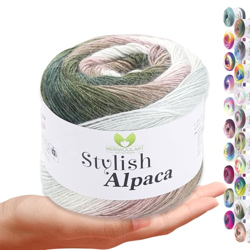 Stylish Alpaca Garn – Weiches Alpakawolle Strickgarn – 150g (525m) feines DK Wolle zum Stricken & Häkeln – Ideal für Pullover, Schals, Tuch, Babykleidung – Premium Multicolor Farbverlauf 7702 von MERIWOOLART