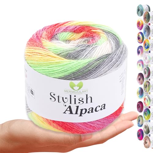 Stylish Alpaca Garn – Weiches Alpakawolle Strickgarn – 150g (525m) feines DK Wolle zum Stricken & Häkeln – Ideal für Pullover, Schals, Tuch, Babykleidung – Premium Multicolor Farbverlauf 7704 von MERIWOOLART