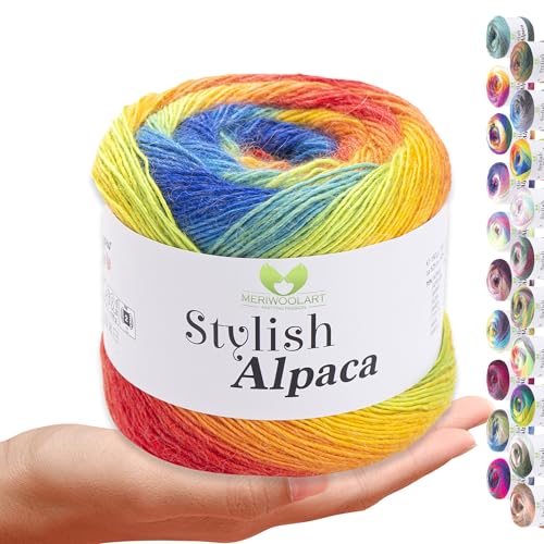 Stylish Alpaca Garn – Weiches Alpakawolle Strickgarn – 150g (525m) feines DK Wolle zum Stricken & Häkeln – Ideal für Pullover, Schals, Tuch, Babykleidung – Premium Multicolor Farbverlauf 7708 von MERIWOOLART