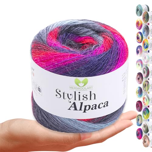 Stylish Alpaca Garn – Weiches Alpakawolle Strickgarn – 150g (525m) feines DK Wolle zum Stricken & Häkeln – Ideal für Pullover, Schals, Tuch, Babykleidung – Premium Multicolor Farbverlauf 7711 von MERIWOOLART