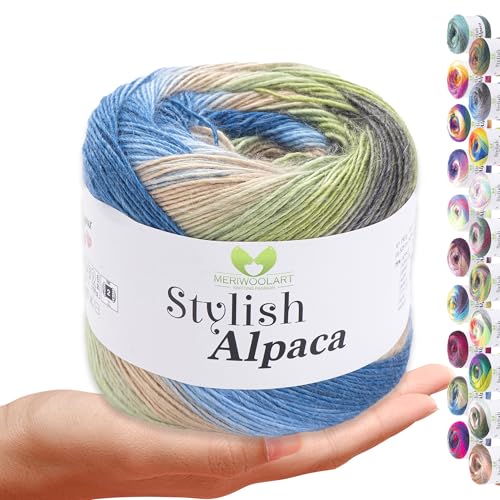 Stylish Alpaca Garn – Weiches Alpakawolle Strickgarn – 150g (525m) feines DK Wolle zum Stricken & Häkeln – Ideal für Pullover, Schals, Tuch, Babykleidung – Premium Multicolor Farbverlauf 7712 von MERIWOOLART