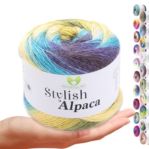 Stylish Alpaca Garn – Weiches Alpakawolle Strickgarn – 150g (525m) feines DK Wolle zum Stricken & Häkeln – Ideal für Pullover, Schals, Tuch, Babykleidung – Premium Multicolor Farbverlauf 7714 von MERIWOOLART