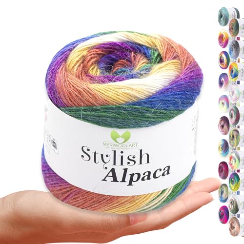 Stylish Alpaca Garn – Weiches Alpakawolle Strickgarn – 150g (525m) feines DK Wolle zum Stricken & Häkeln – Ideal für Pullover, Schals, Tuch, Babykleidung – Premium Multicolor Farbverlauf 7718 von MERIWOOLART