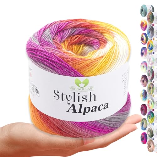 Stylish Alpaca Garn – Weiches Alpakawolle Strickgarn – 150g (525m) feines DK Wolle zum Stricken & Häkeln – Ideal für Pullover, Schals, Tuch, Babykleidung – Premium Multicolor Farbverlauf 7719 von MERIWOOLART