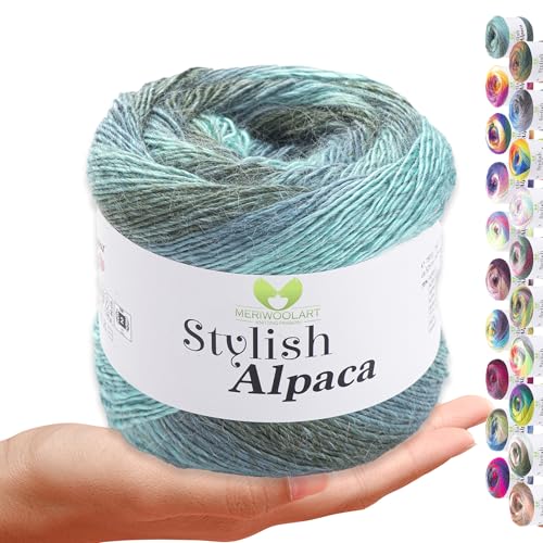 Stylish Alpaca Garn – Weiches Alpakawolle Strickgarn – 150g (525m) feines DK Wolle zum Stricken & Häkeln – Ideal für Pullover, Schals, Tuch, Babykleidung – Premium Multicolor Farbverlauf 7720 von MERIWOOLART