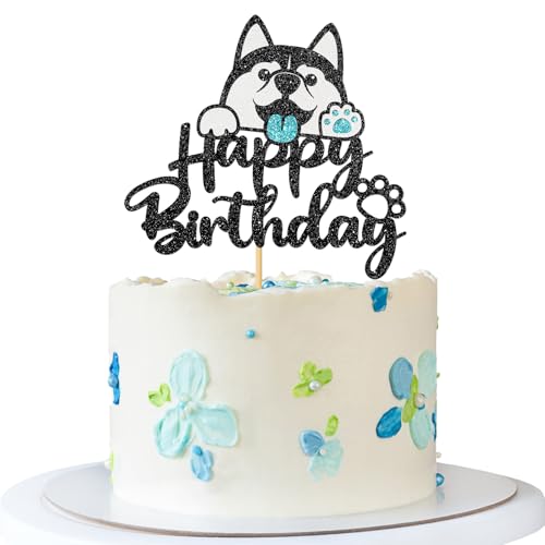 Husky Happy Birthday Tortenaufsatz – Haustier-Hund Welpe Geburtstagstortenzubehör – Let's Pawty – Babyparty-Dekoration – schwarzer Glitzer Husky Happy Birthday Tortenaufsatz – Haustier-Hund Welpe Geburtstagstortenzubehör – Let's Pawty – Babyparty-Dekoration – schwarzer Glitzer von MERRSHIN